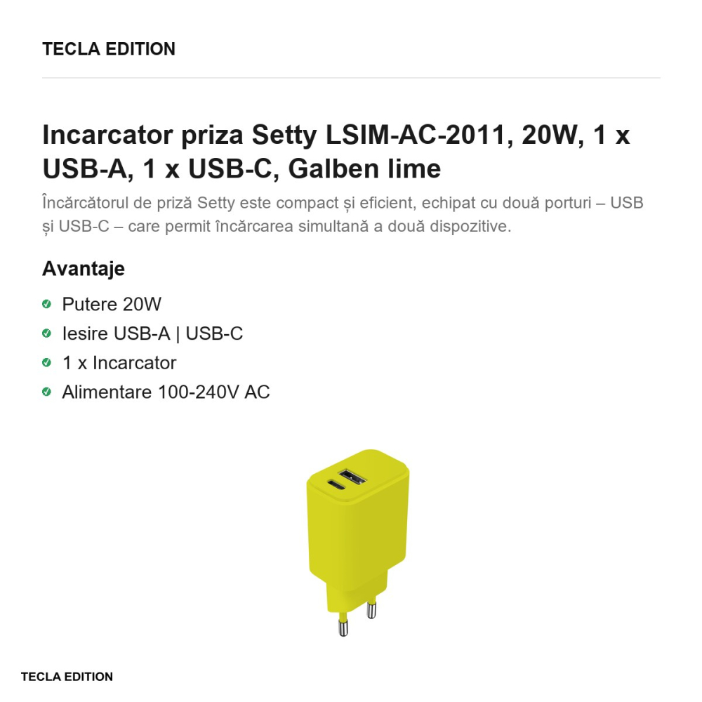 Incarcator priza Setty LSIM-AC-2011, 20W, 1 x USB-A, 1 x USB-C, Galben lime [2]