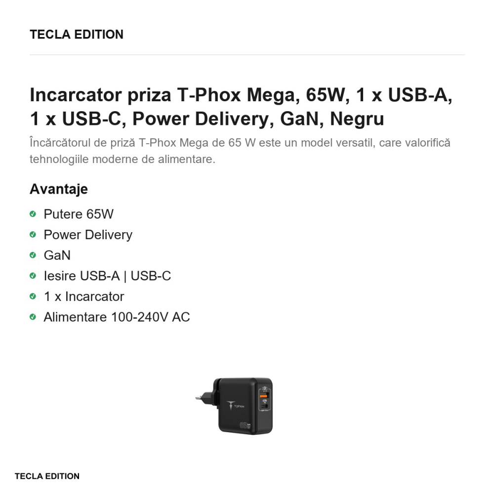 Incarcator priza T-Phox Mega, 65W, 1 x USB-A, 1 x USB-C, Power Delivery, GaN, Negru [2]