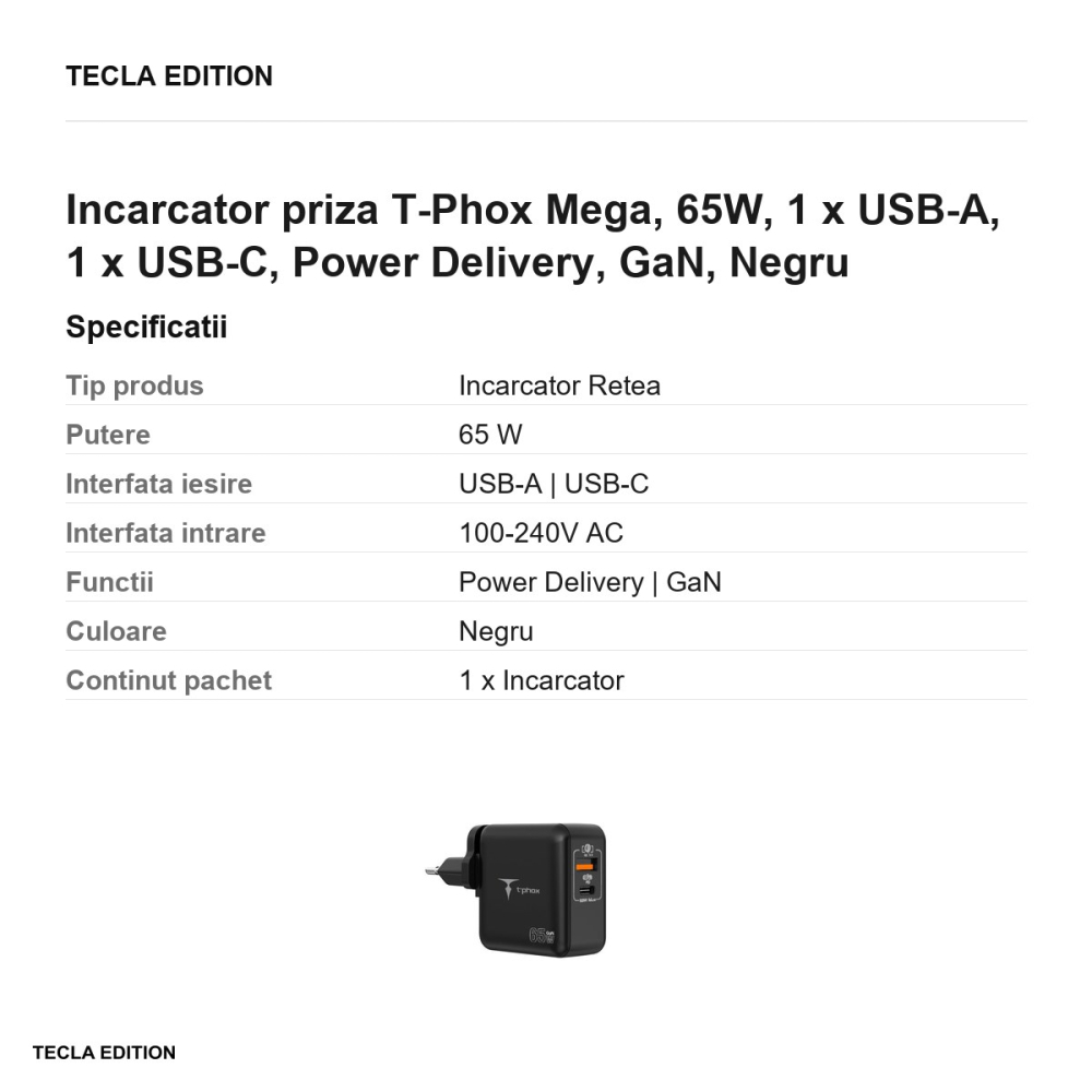 Incarcator priza T-Phox Mega, 65W, 1 x USB-A, 1 x USB-C, Power Delivery, GaN, Negru [3]