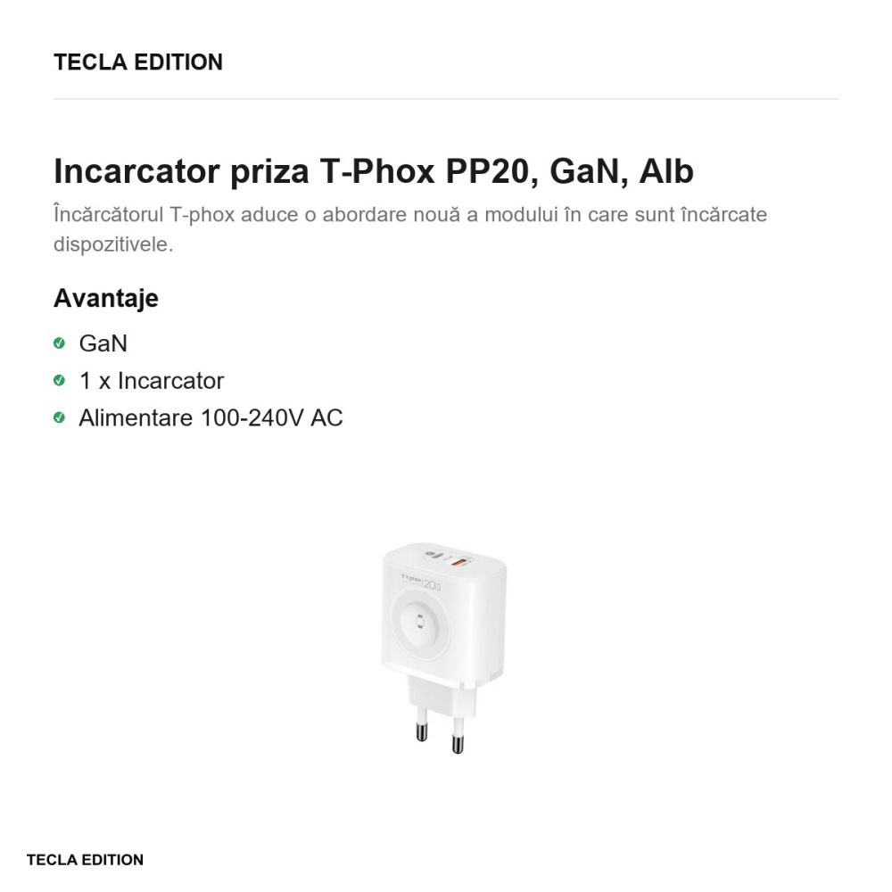 Incarcator priza T-Phox PP20, GaN, Alb [2]