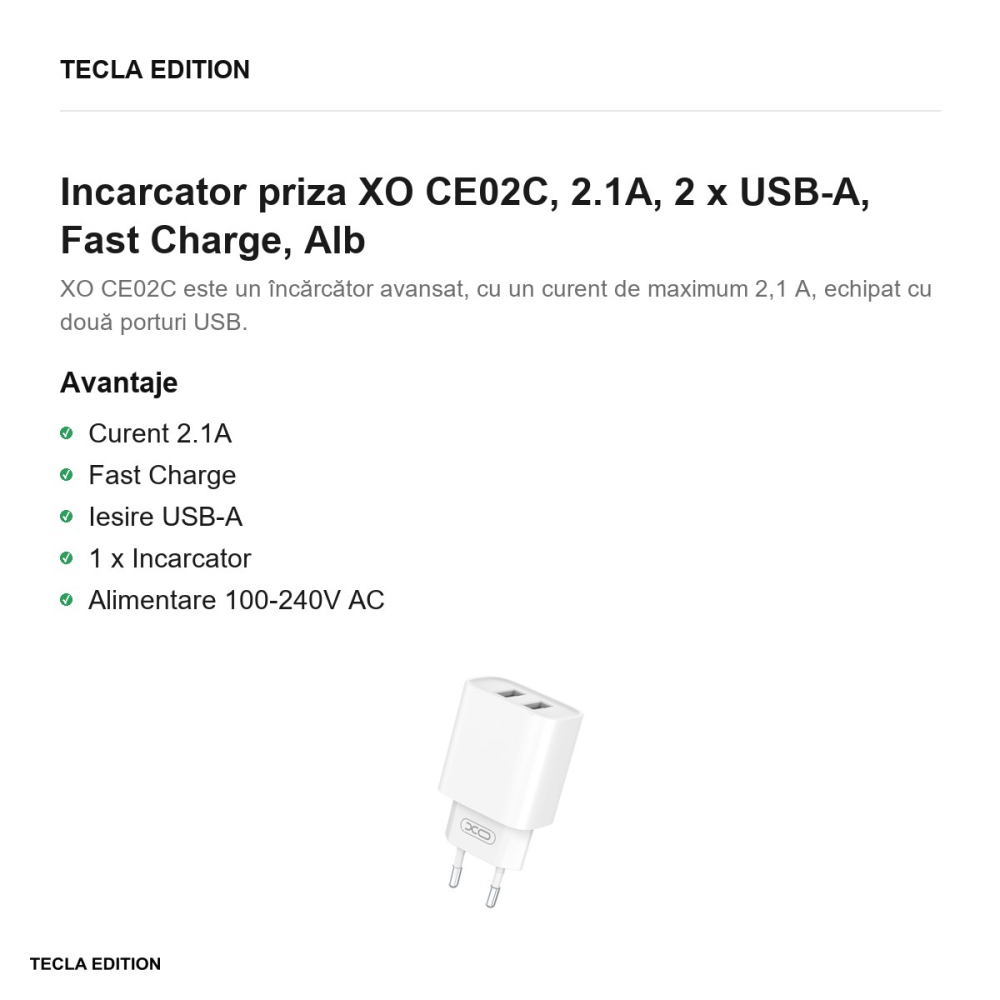Incarcator priza XO CE02C, 2.1A, 2 x USB-A, Fast Charge, Alb [2]