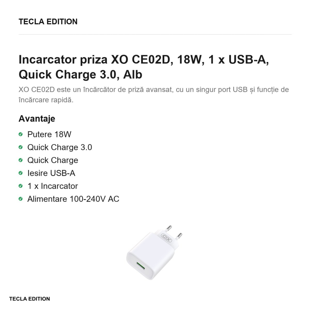Incarcator priza XO CE02D, 18W, 1 x USB-A, Quick Charge 3.0, Alb [2]