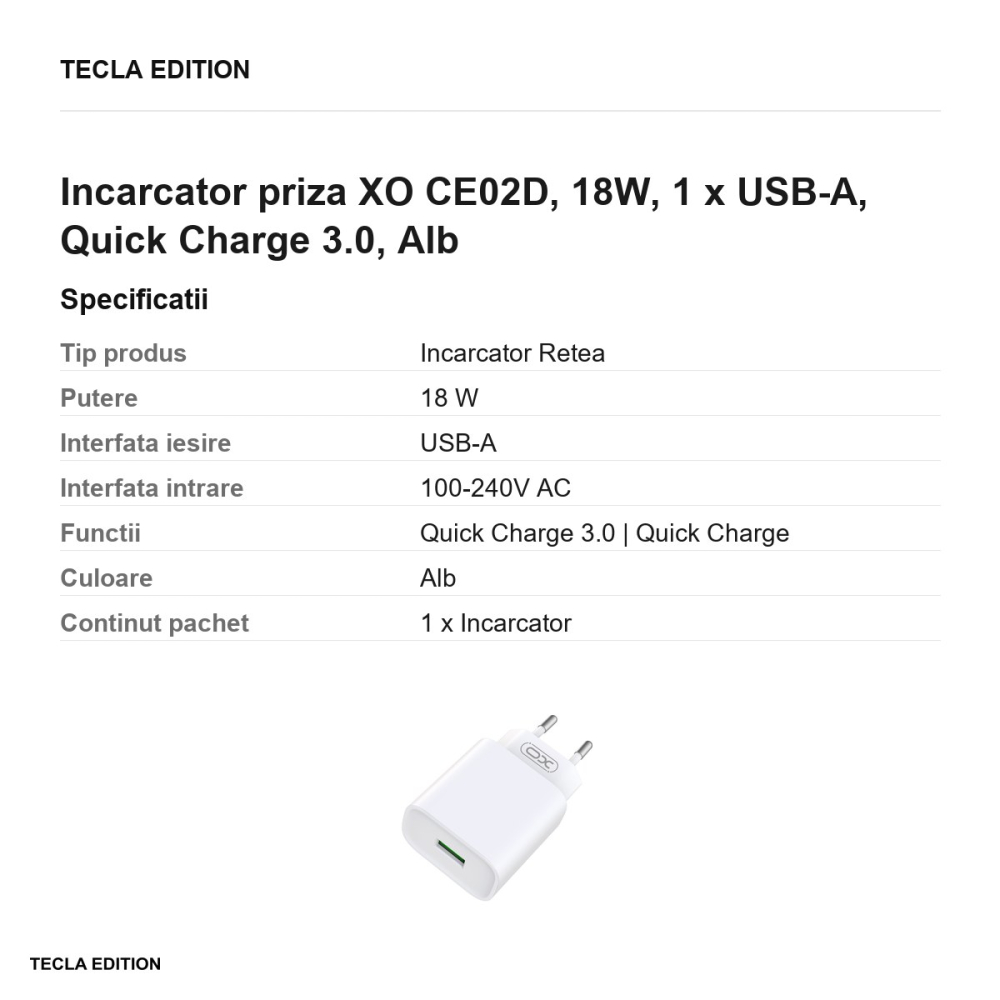 Incarcator priza XO CE02D, 18W, 1 x USB-A, Quick Charge 3.0, Alb [3]