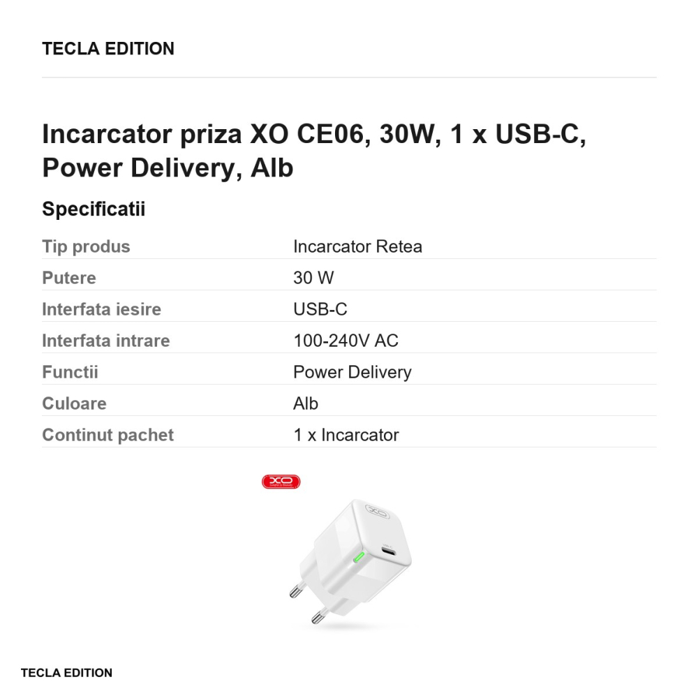 Incarcator priza XO CE06, 30W, 1 x USB-C, Power Delivery, Alb [3]