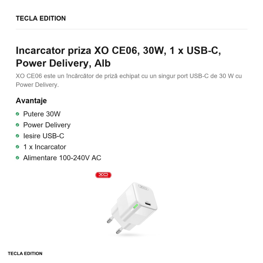 Incarcator priza XO CE06, 30W, 1 x USB-C, Power Delivery, Alb [2]
