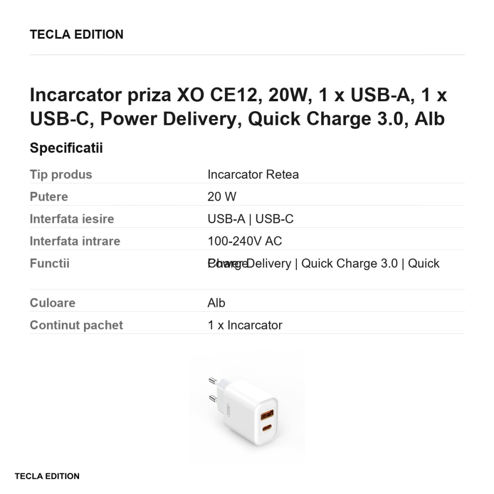 Incarcator priza XO CE12, 20W, 1 x USB-A, 1 x USB-C, Power Delivery, Quick Charge 3.0, Alb [3]