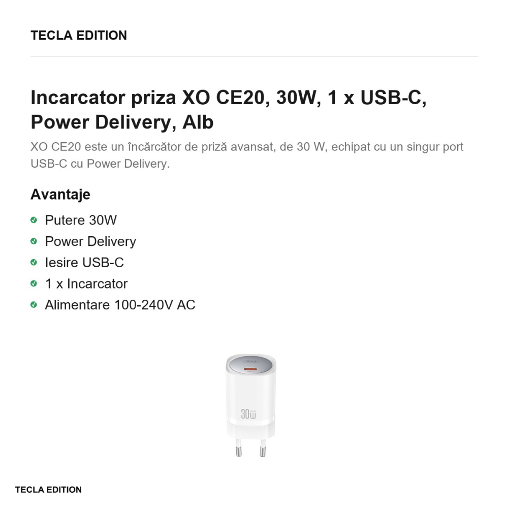 Incarcator priza XO CE20, 30W, 1 x USB-C, Power Delivery, Alb [2]