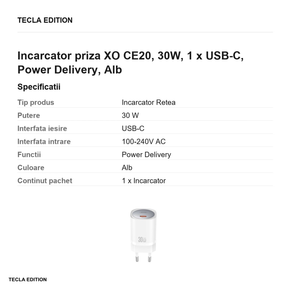 Incarcator priza XO CE20, 30W, 1 x USB-C, Power Delivery, Alb [3]