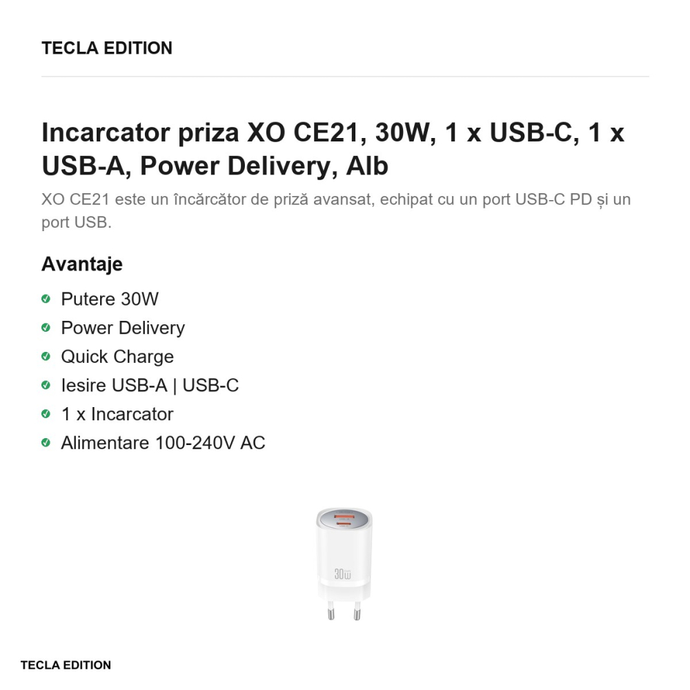 Incarcator priza XO CE21, 30W, 1 x USB-C, 1 x USB-A, Power Delivery, Alb [2]