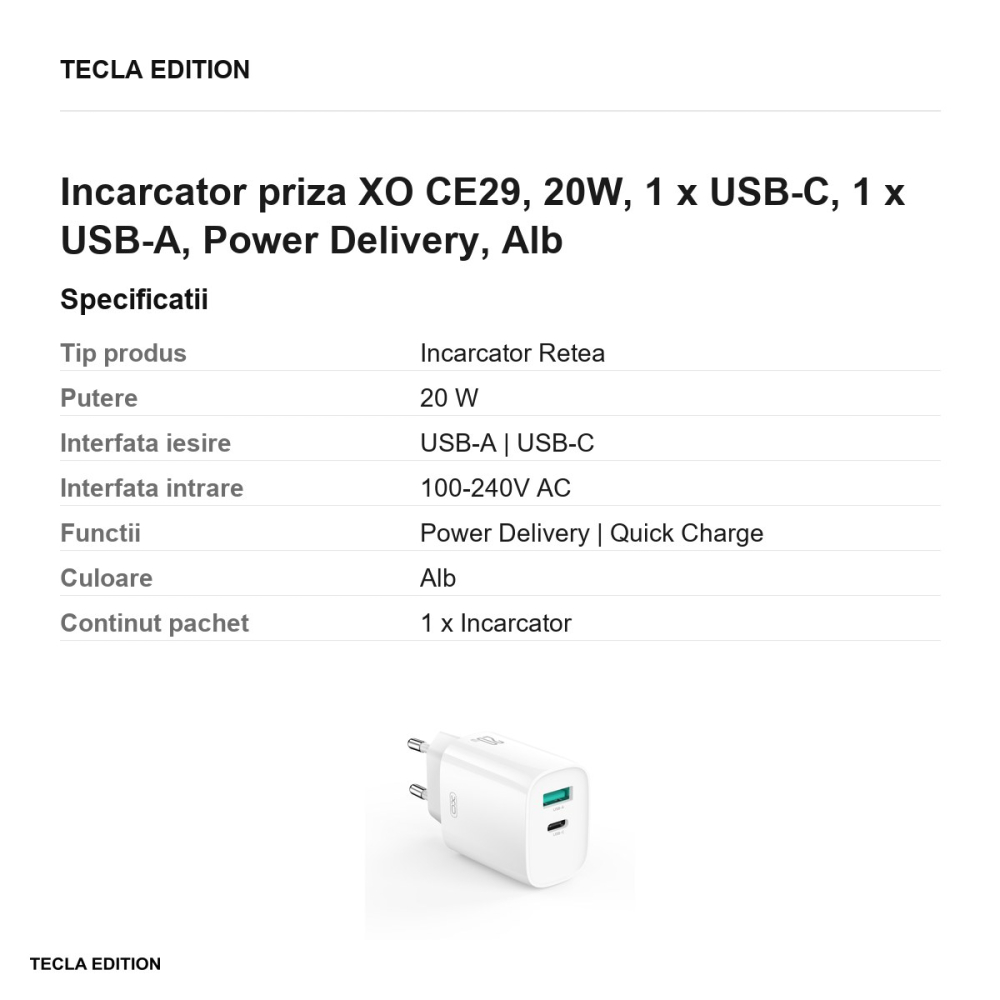 Incarcator priza XO CE29, 20W, 1 x USB-C, 1 x USB-A, Power Delivery, Alb [3]