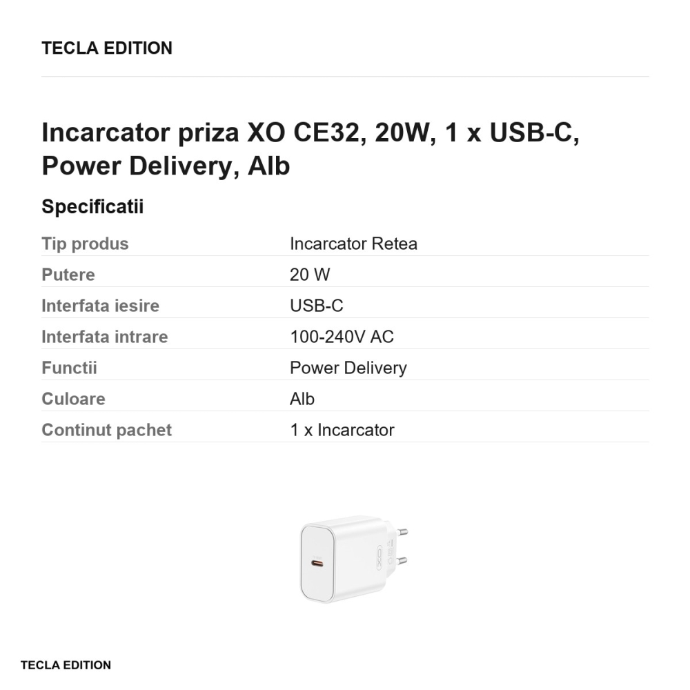 Incarcator priza XO CE32, 20W, 1 x USB-C, Power Delivery, Alb [3]