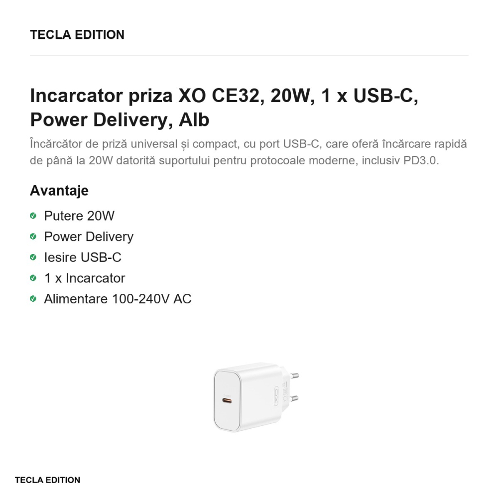 Incarcator priza XO CE32, 20W, 1 x USB-C, Power Delivery, Alb [2]