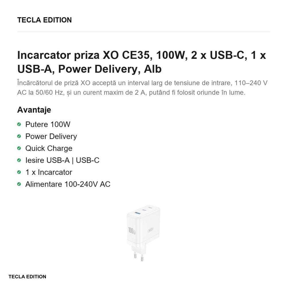 Incarcator priza XO CE35, 100W, 2 x USB-C, 1 x USB-A, Power Delivery, Alb [2]