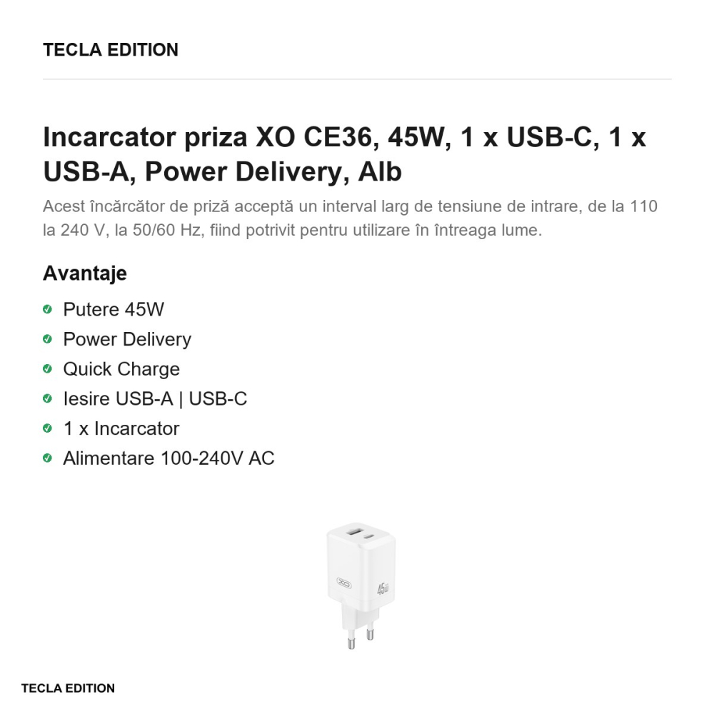 Incarcator priza XO CE36, 45W, 1 x USB-C, 1 x USB-A, Power Delivery, Alb [2]