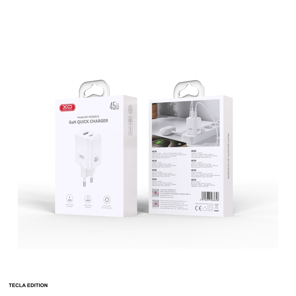 Incarcator priza XO CE36, 45W, 1 x USB-C, 1 x USB-A, Power Delivery, Alb [4]