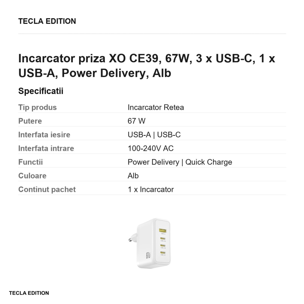 Incarcator priza XO CE39, 67W, 3 x USB-C, 1 x USB-A, Power Delivery, Alb [3]