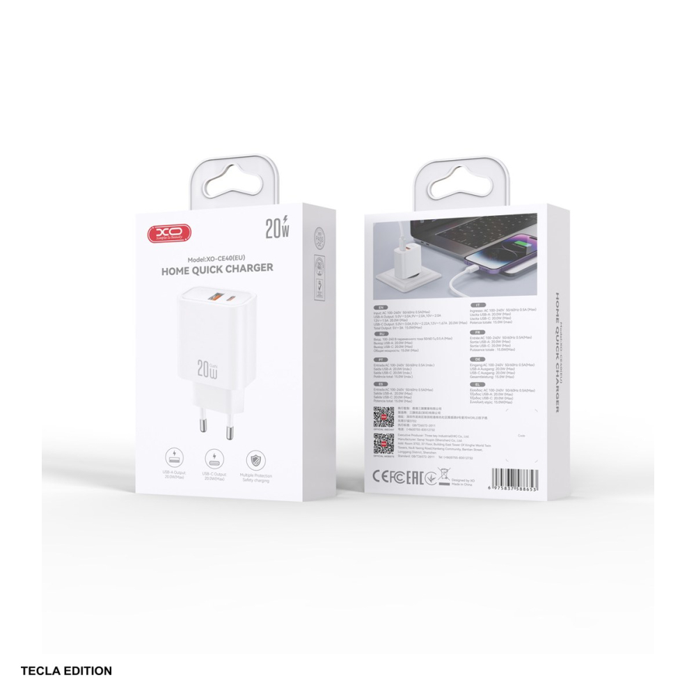 Incarcator priza XO CE40, 20W, 1 x USB-A, 1 x USB-C, Power Delivery, Quick Charge, Alb [6]