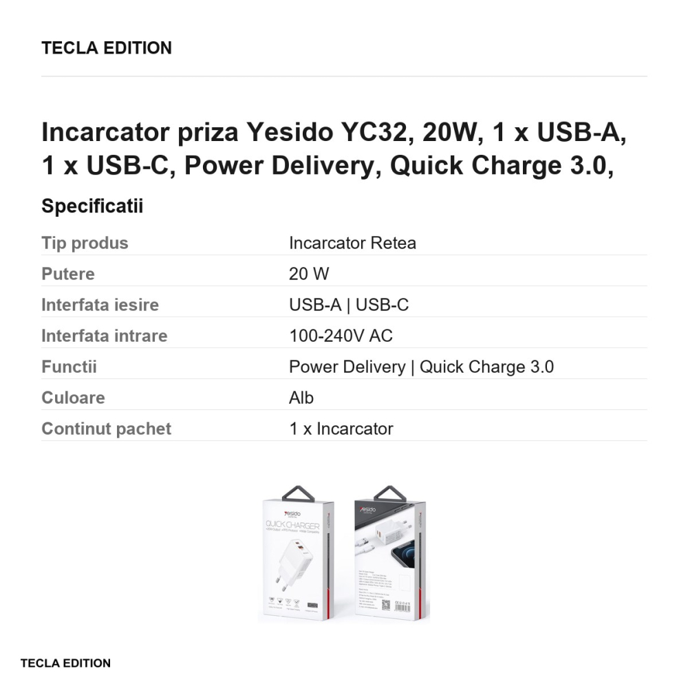 Incarcator priza Yesido YC32, 20W, 1 x USB-A, 1 x USB-C, Power Delivery, Quick Charge 3.0, Alb [3]