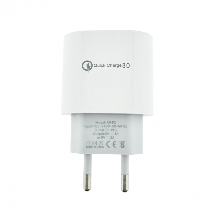 Incarcator QC3.0 cu port USB-C, AR-P3, priza retea EU, bulk, alb [2]