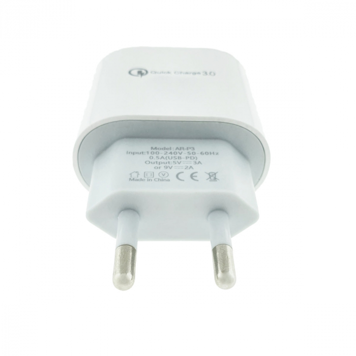 Incarcator QC3.0 cu port USB-C, AR-P3, priza retea EU, bulk, alb [3]