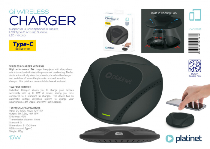 Incarcator Qi Wireless 15W, Platinet 45289, cu ventilator, distanta incarcare 8 mm, conector USB Tip C, negru [9]