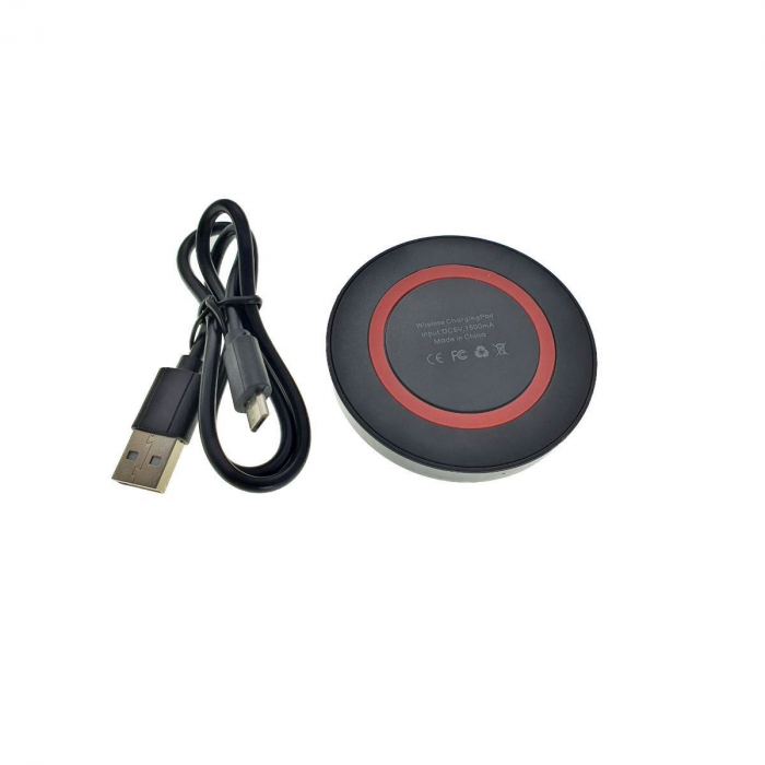 Incarcator Qi Wireless, 70x10mm, 5V 1 A, negru cu rosu [2]