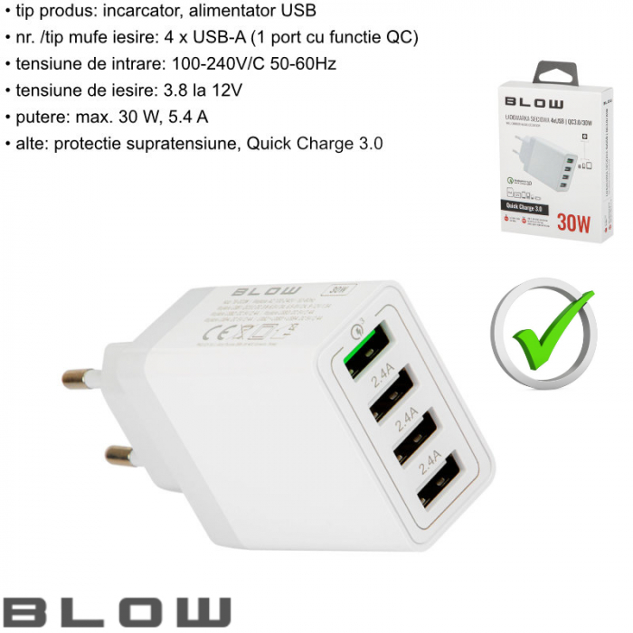Incarcator rapid de perete QC 3.0, 30W, 5.4A, 4xUSB, Blow 11760, 100-240V, alb [6]