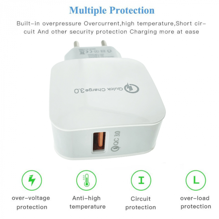 Incarcator rapid de retea, cu un port USB, QC 3.0, 3.4A, alb [7]
