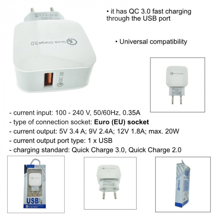 Incarcator rapid de retea, cu un port USB, QC 3.0, 3.4A, alb [6]