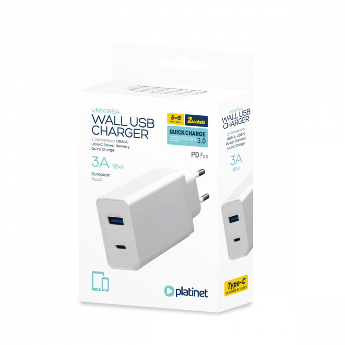 Incarcator retea 18W 3A, Platinet 45480, QC3.0 PD3.0 , porturi 1 x USB si 1 x USB tip C, intrare curent 100 - 240 V, alb [3]