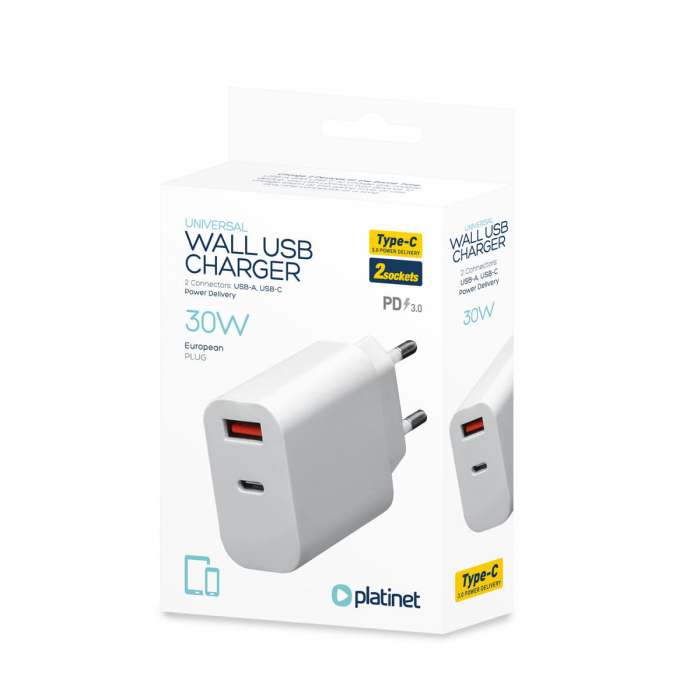 Incarcator retea 30W , Platinet 45481, QC3.0 PD3.0 , porturi 1 x USB si 1 x USB tip C, intrare curent 100 - 240 V, alb [3]