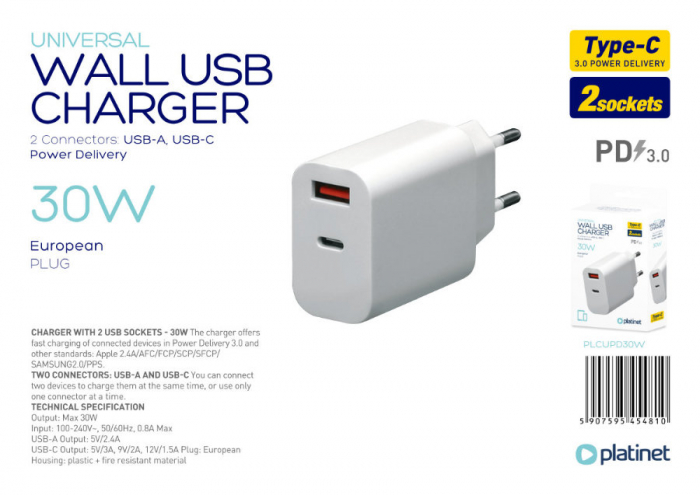 Incarcator retea 30W , Platinet 45481, QC3.0 PD3.0 , porturi 1 x USB si 1 x USB tip C, intrare curent 100 - 240 V, alb [5]