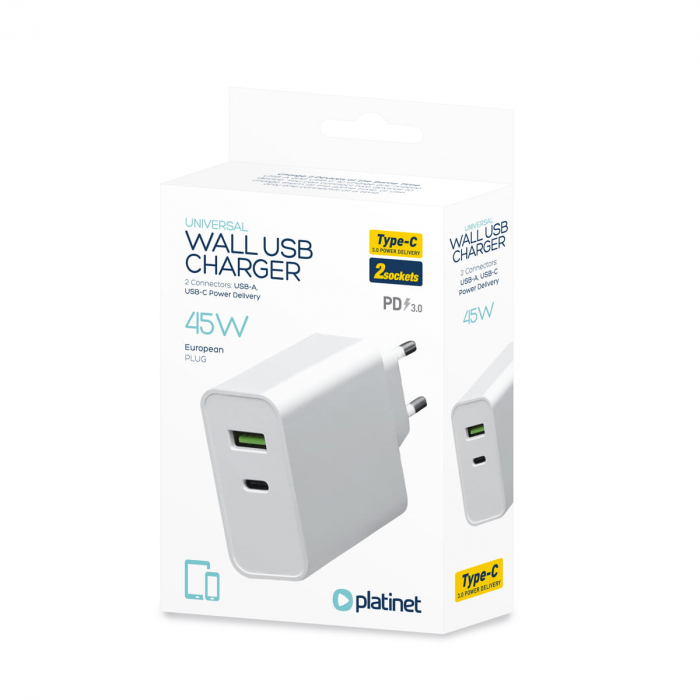 Incarcator retea 45W , Platinet 45482, QC3.0 PD3.0 , porturi 1 x USB si 1 x USB tip C, intrare curent 100 - 240 V, alb [3]