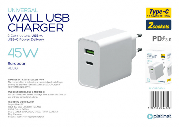 Incarcator retea 45W , Platinet 45482, QC3.0 PD3.0 , porturi 1 x USB si 1 x USB tip C, intrare curent 100 - 240 V, alb [5]