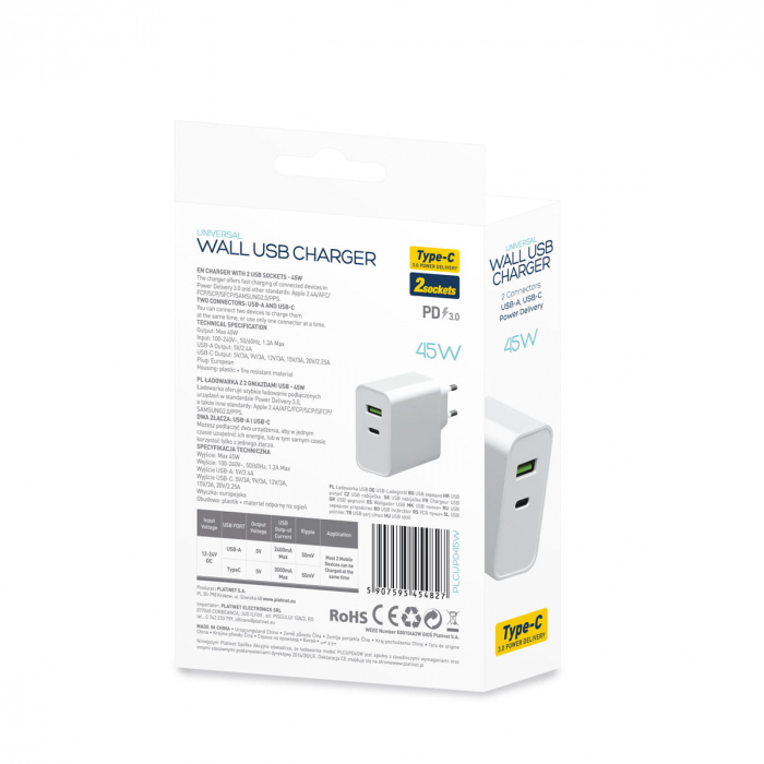 Incarcator retea 45W , Platinet 45482, QC3.0 PD3.0 , porturi 1 x USB si 1 x USB tip C, intrare curent 100 - 240 V, alb [4]