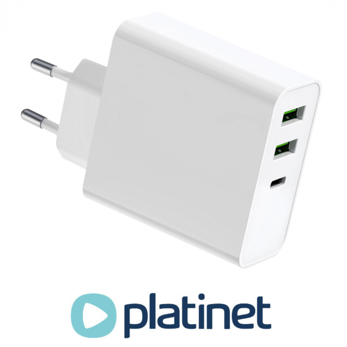 Incarcator retea 65W, Platinet 45581, QC3.0 PD3.0, porturi 2 x USB si 1 x USB tip C, intrare curent 100 - 240 V, alb [4]