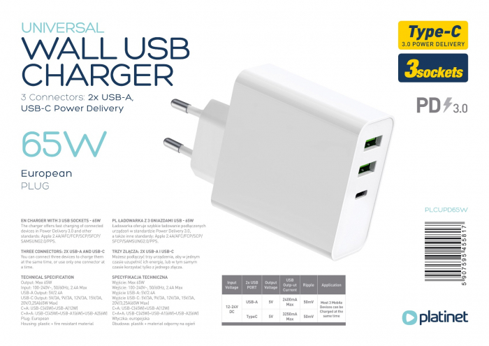 Incarcator retea 65W, Platinet 45581, QC3.0 PD3.0, porturi 2 x USB si 1 x USB tip C, intrare curent 100 - 240 V, alb [5]