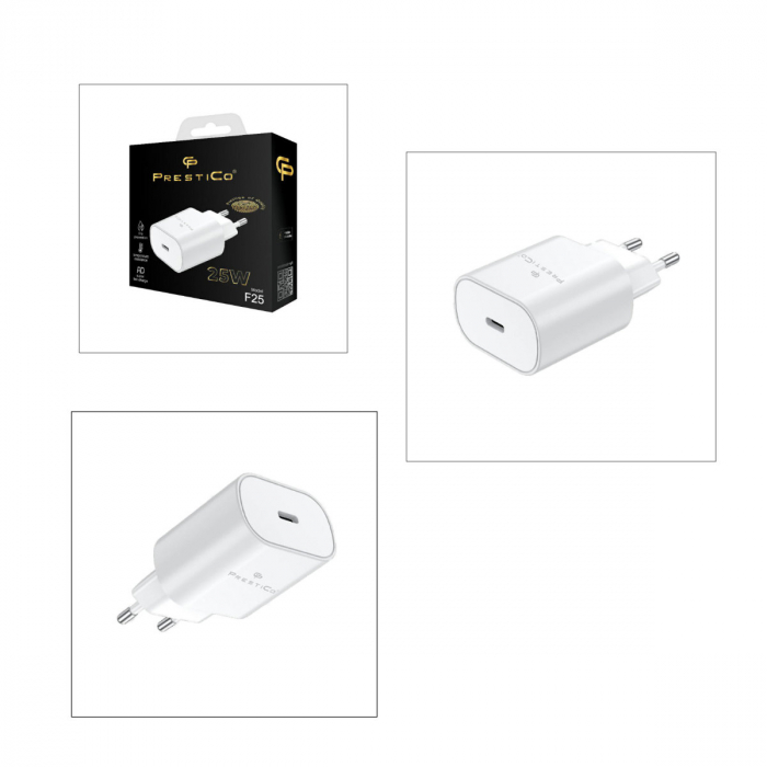 Incarcator retea cu port USB-C, 25W, QC, PD, PrestiCo F25, priza retea EU, Alb [4]