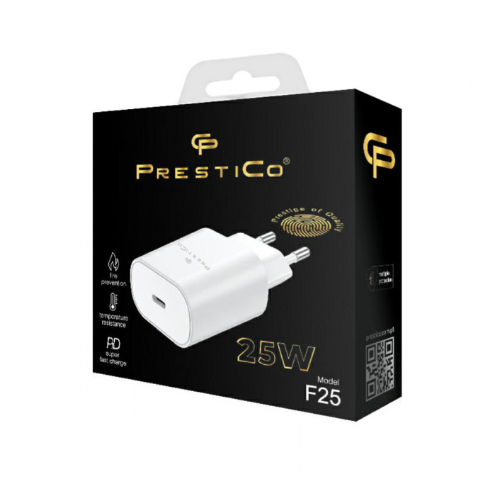 Incarcator retea cu port USB-C, 25W, QC, PD, PrestiCo F25, priza retea EU, Alb [3]