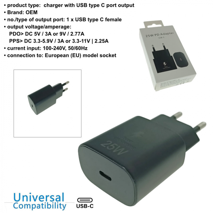 Incarcator retea cu port USB-C, 25W, QC, PD, priza retea EU, negru [6]