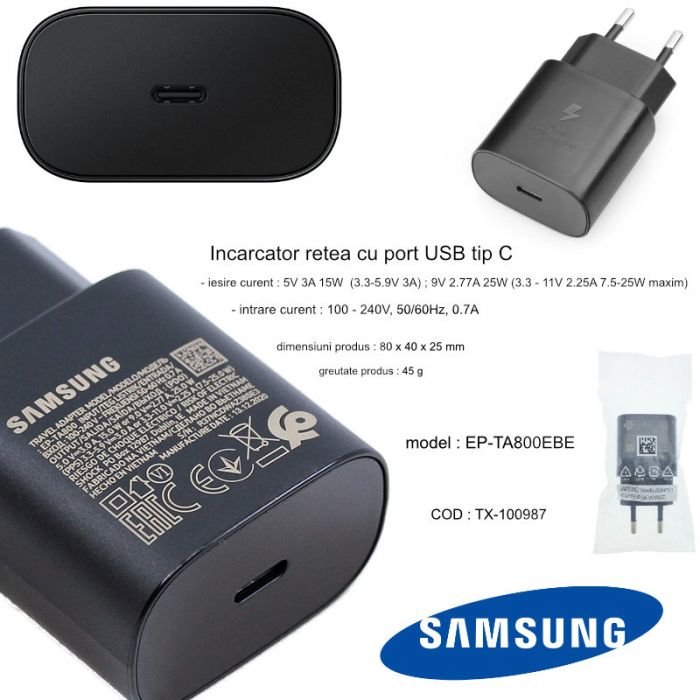 Incarcator retea cu port USB tip C, pentru Samsung, EP-TA800EBE, Super Fast Charging, 5V 3A, maxim 25W, negru [5]