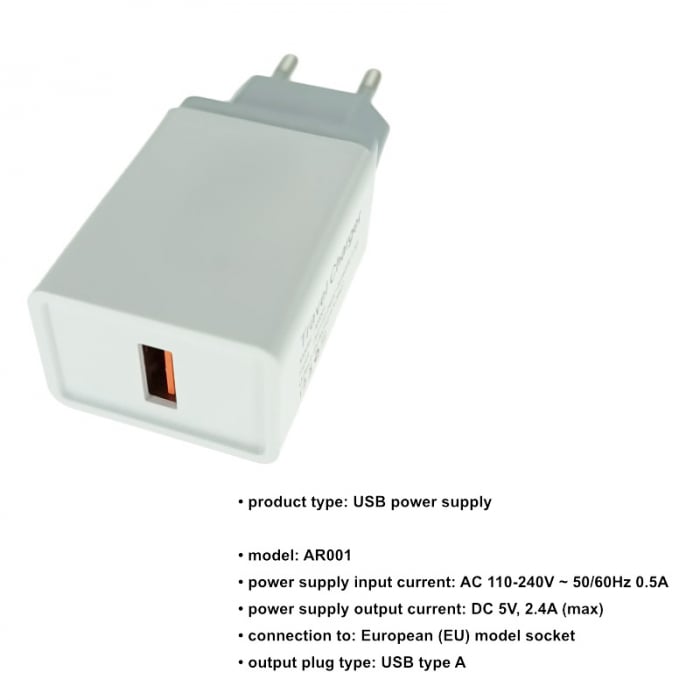 Incarcator retea cu un port USB, 5V, 2.4A, alb [6]