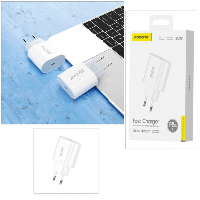 Incarcator retea, PD 20W, port USB-C, Foneng EU39, 5V/3A, alb [4]