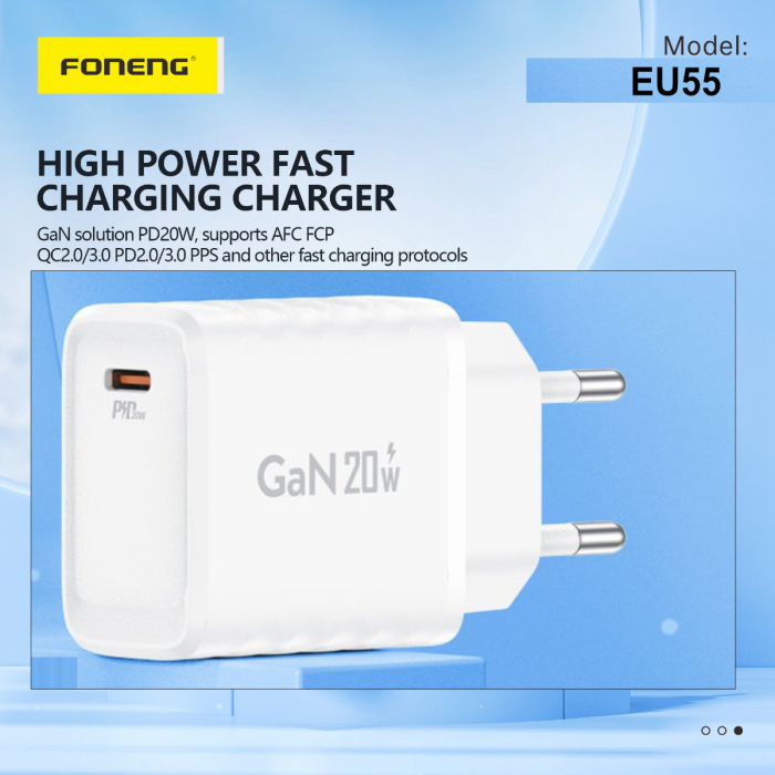 Incarcator retea, PD 20W, port USB-C, GaN Charger Foneng EU55, 5V/3A, alb [4]