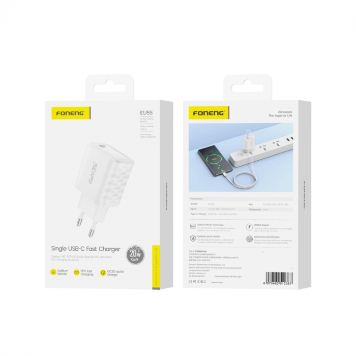 Incarcator retea, PD 20W, port USB-C, GaN Charger Foneng EU55, 5V/3A, alb [5]