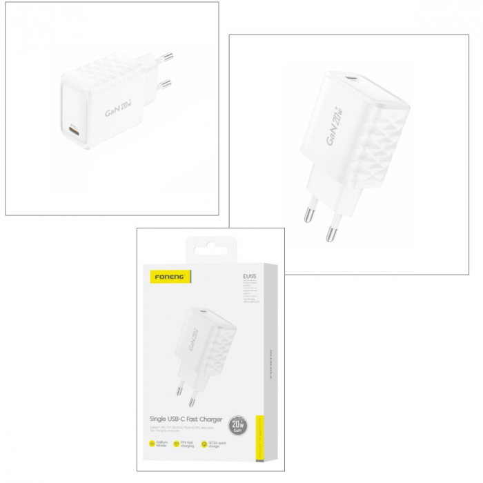 Incarcator retea, PD 20W, port USB-C, GaN Charger Foneng EU55, 5V/3A, alb [3]
