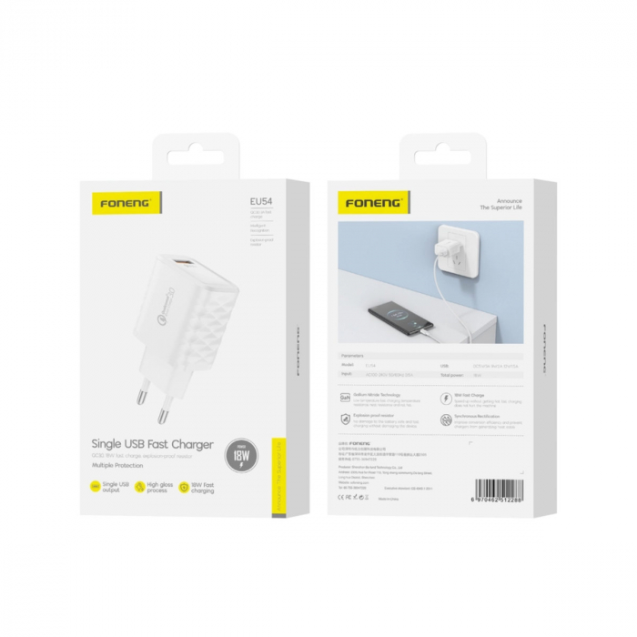 Incarcator retea, un port USB, 5V/3A QC 3.0, Foneng EU54, alb [4]