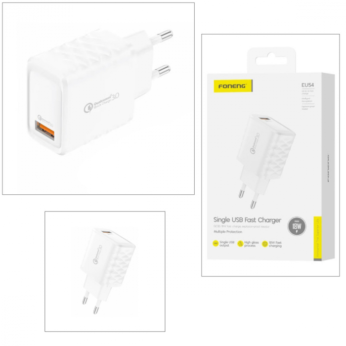 Incarcator retea, un port USB, 5V/3A QC 3.0, Foneng EU54, alb [2]