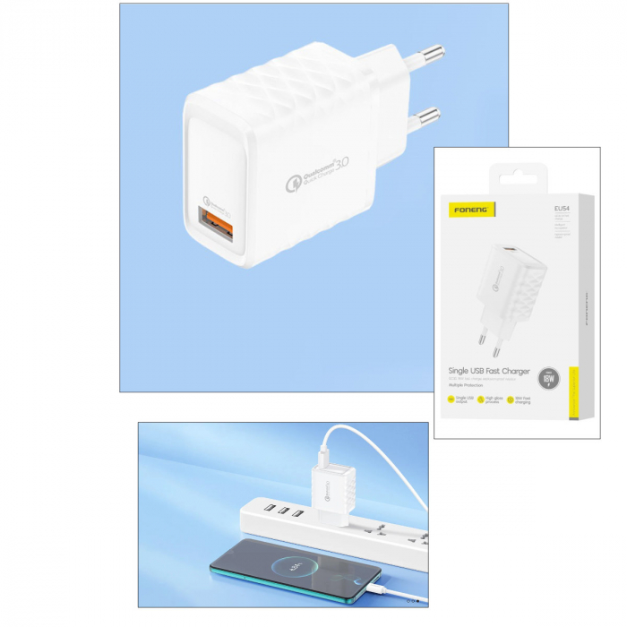 Incarcator retea, un port USB, 5V/3A QC 3.0, Foneng EU54, alb [3]