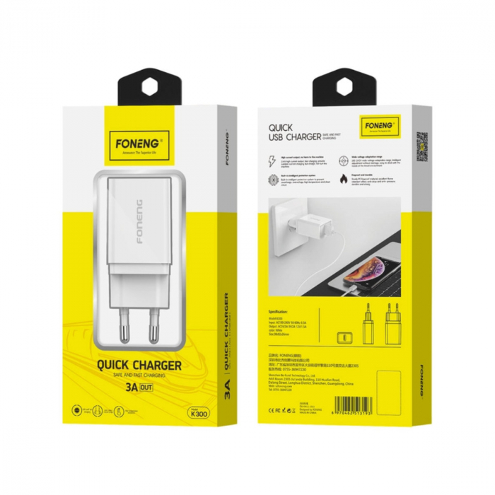 Incarcator retea, un port USB, 5V/3A QC 3.0, Foneng K300, alb [5]